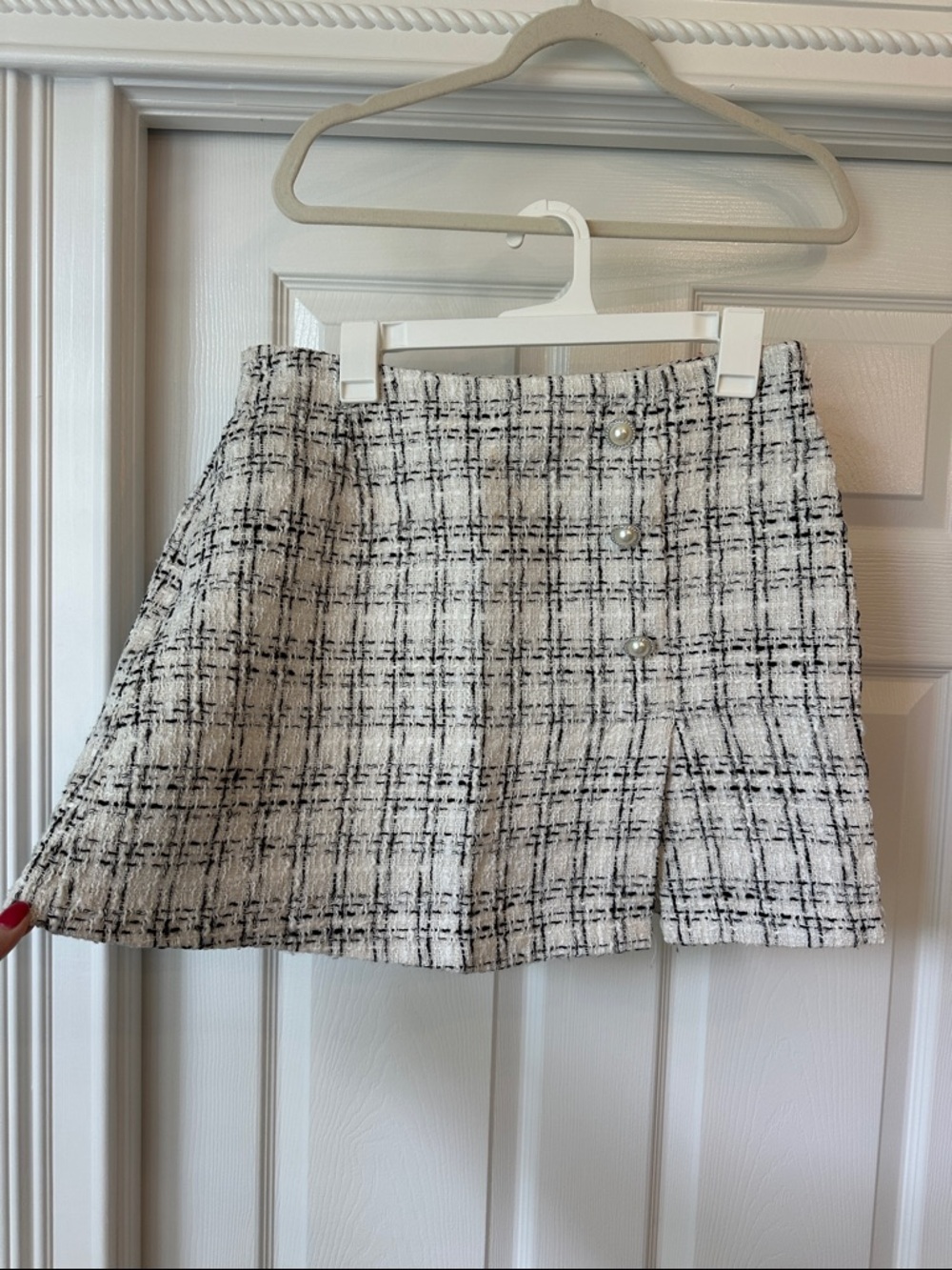 SHEIN White Tweed Mini Skirt with Black Plaid and Pearl Buttons